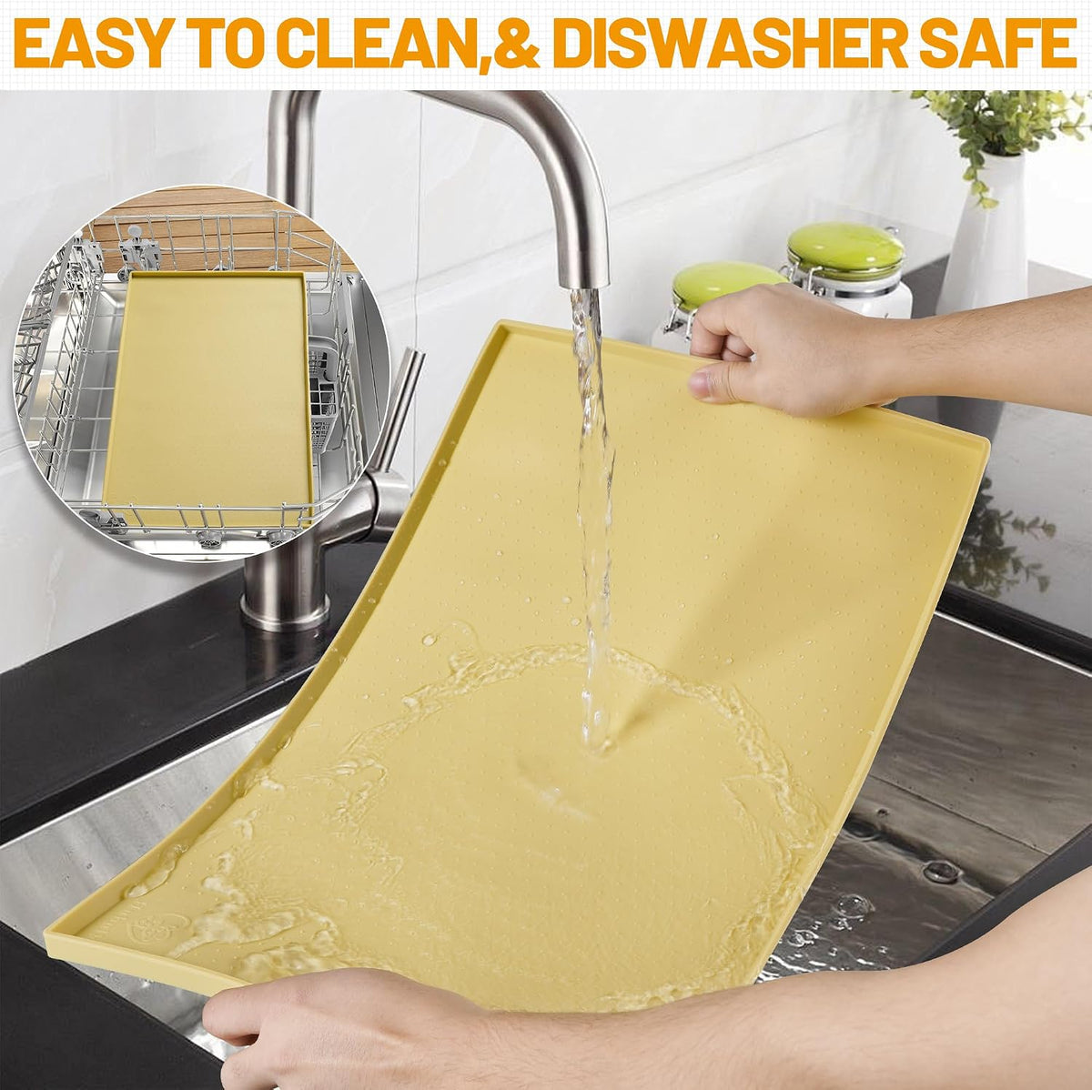 Dog Feeding Mat,100% Waterproof Food Grade Silicone Pet Food and Water Bowl Placemat,Dishwasher, High Raised Edge to Prevent Spills,Nonslip Tray to Stop Messes on Floor (24"X16"X0.5", Yellow)