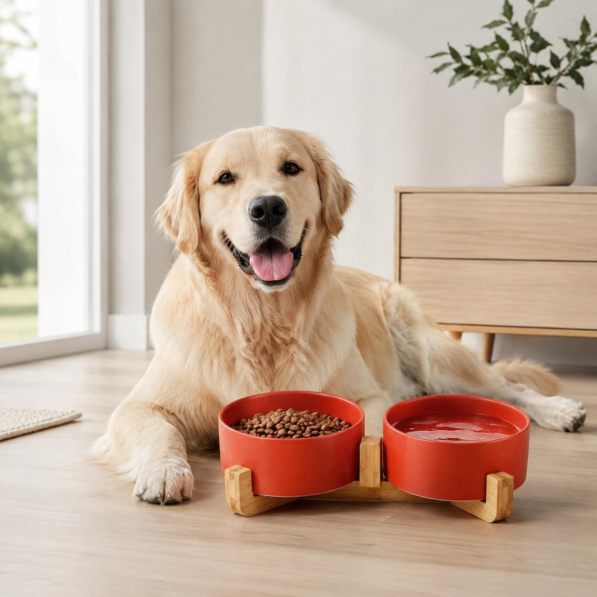 Ceramic Cat Dog Bowl Set with Stand,Pet Food and Water Dishes,Medium Dog Bowls anti -Slip Set of 2 Cat Dish Pet Food Bowls- Small Medium Size Pet (28OZ/6.1 In) Rust Red
