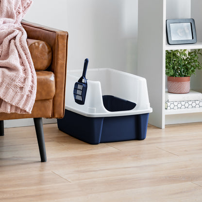 High-Sided Open-Top Cat Litter Box with Scoop in Navy