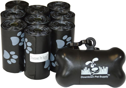 Poop Bags for Dogs with Dispenser, 180 Count - Leak-Proof Dog Waste Bags and Bone-Shaped Dog Poop Bags Holder for Leash - Black with Paw Prints, 12.5" X 8.5"