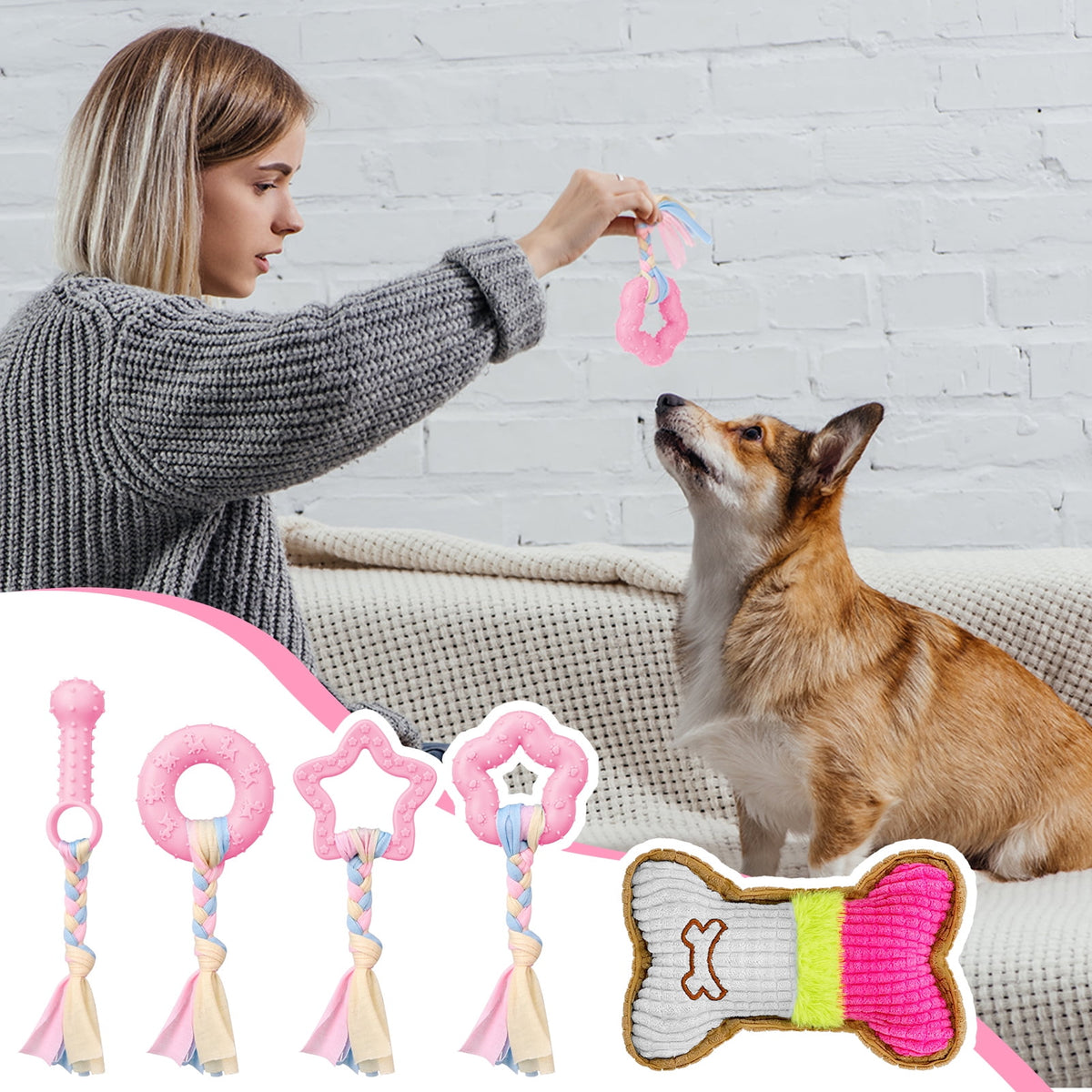5 Pack Puppy Chew Toys for Teething Small Dogs, Pink Rubber Puppy Teething Toys Plush Squeaky Dog Toys for Cleaning Teeth Interactive Pet Doggy Bone Toys