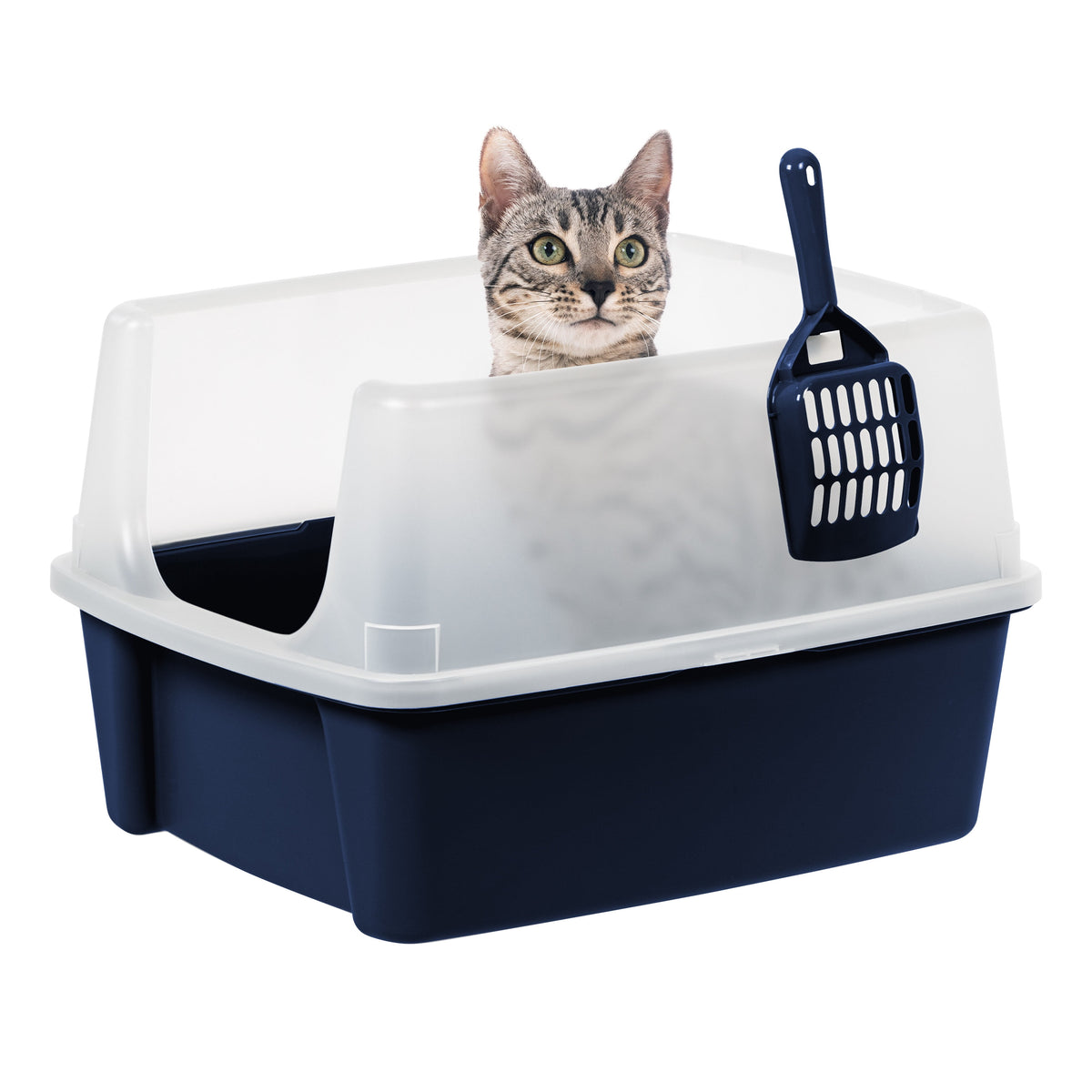 High-Sided Open-Top Cat Litter Box with Scoop in Navy
