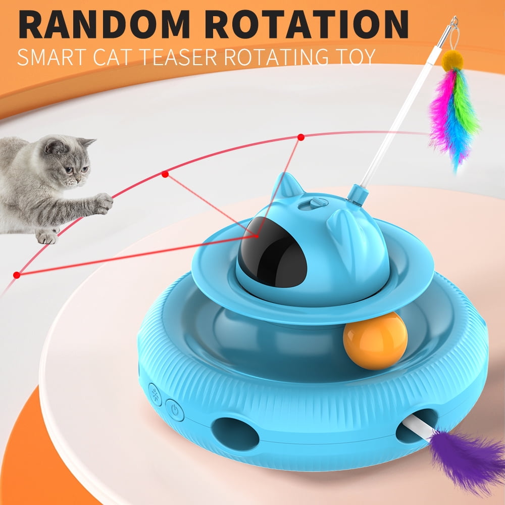 4 in 1 Indoor Interactive Cat Toy with Laser & Retractable Feather Wand, USB Rechargeable, Blue