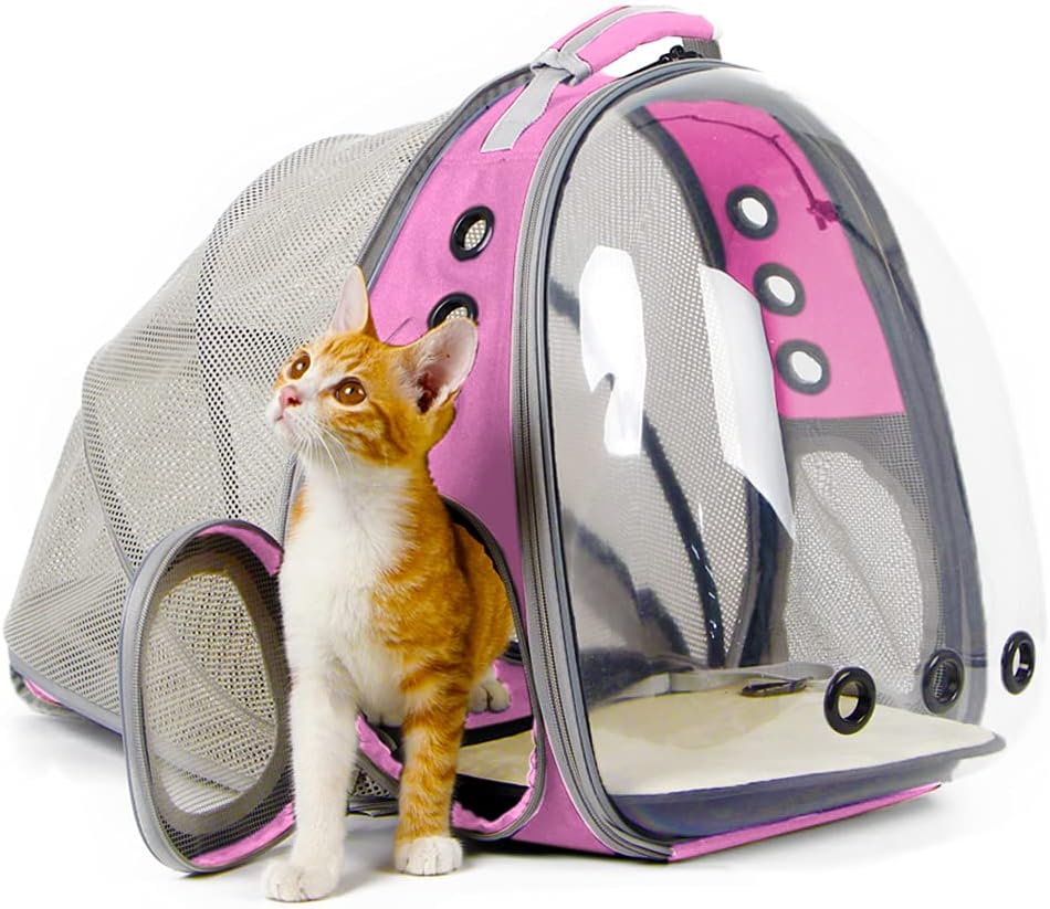 Back Extension Cat Travel Carrier Backpack (Pink, Clear Window)