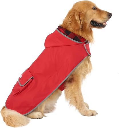 2-In-1 Reversible Dog Raincoat Hooded Poncho Rain Jacket Red Plaid L