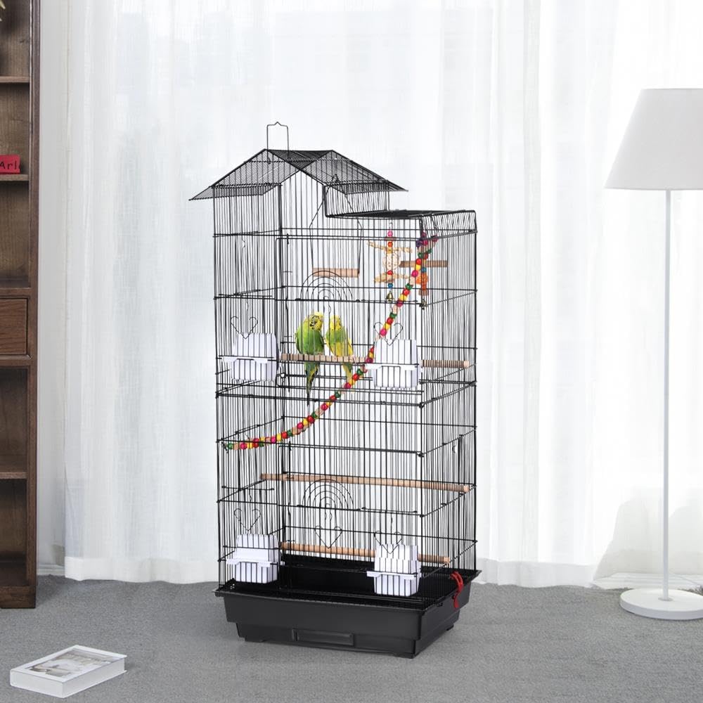 39" Roof Top Flight Cage with Toys, Wrought Iron Bird Cage for Cockatiels, Conures, Lovebirds, Budgies & Small Birds