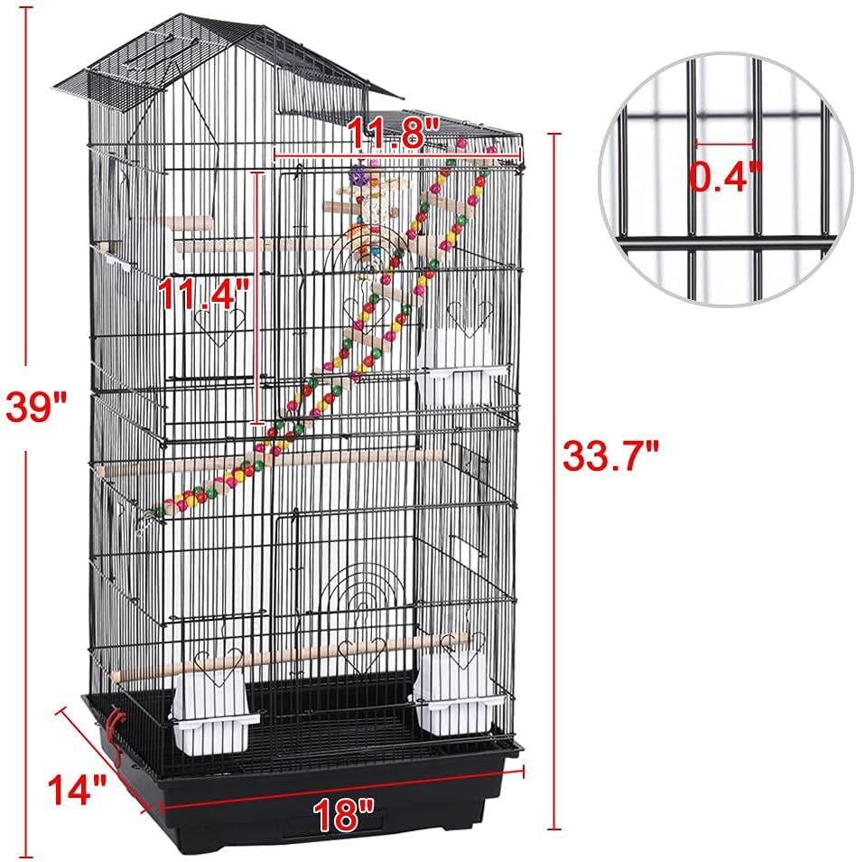 39" Roof Top Flight Cage with Toys, Wrought Iron Bird Cage for Cockatiels, Conures, Lovebirds, Budgies & Small Birds