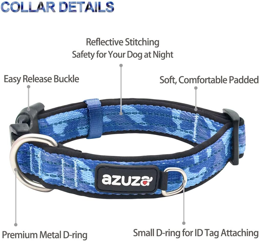 Reflective Dog Collar and Leash Set with Airtag Holder, Blue Camo Padded Collar with Matching Clip Handle Leash for Small Dogs