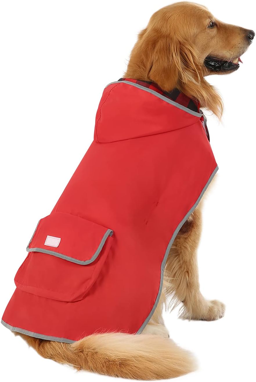 2-In-1 Reversible Dog Raincoat Hooded Poncho Rain Jacket Red Plaid L