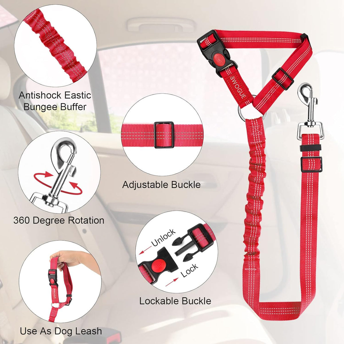 2 Pack Dog Seat Belt for Car, Headrest Restraint Safety Straps