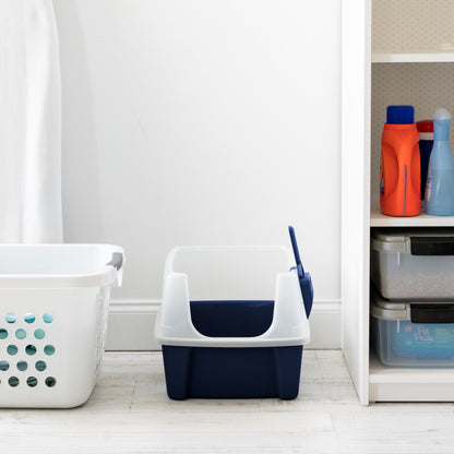 High-Sided Open-Top Cat Litter Box with Scoop in Navy