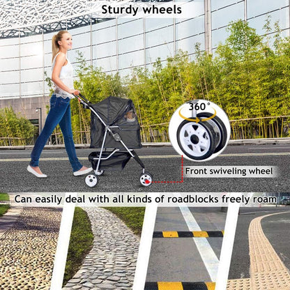 3-Wheel Pet Stroller, Lightweight Foldable Dog Stroller for Small Medium Dogs & Cats, Breathable Mesh & Weather Cover with Storage Basket, for Daily Walk Outdoor Travel (Black)