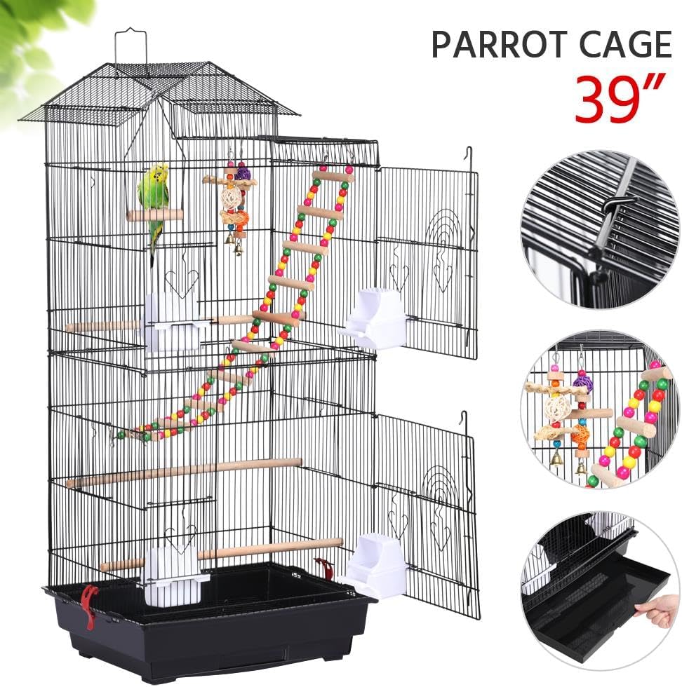 39" Roof Top Flight Cage with Toys, Wrought Iron Bird Cage for Cockatiels, Conures, Lovebirds, Budgies & Small Birds