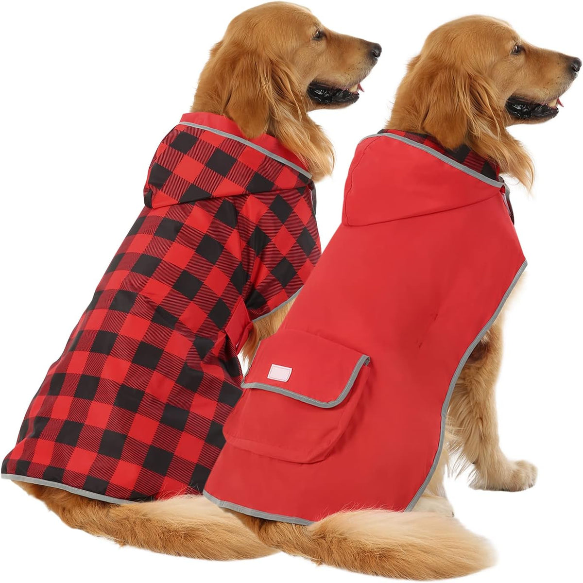 2-In-1 Reversible Dog Raincoat Hooded Poncho Rain Jacket Red Plaid L