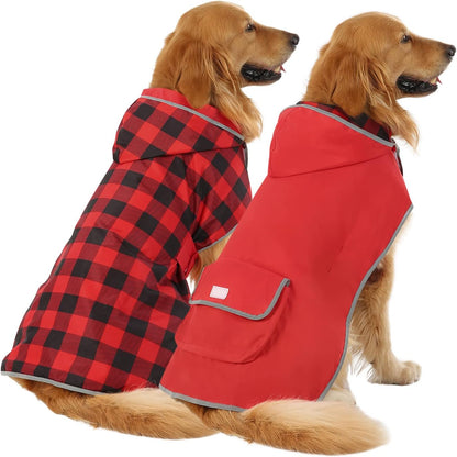 2-In-1 Reversible Dog Raincoat Hooded Poncho Rain Jacket Red Plaid L