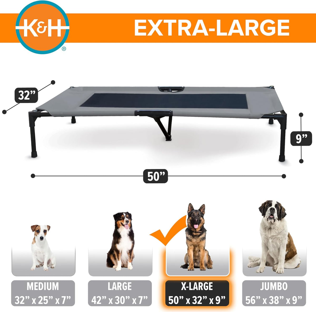 K&H Outdoor Elevated Dog Bed for Large & Extra-Large Pets, Gray, XL 50X32In
