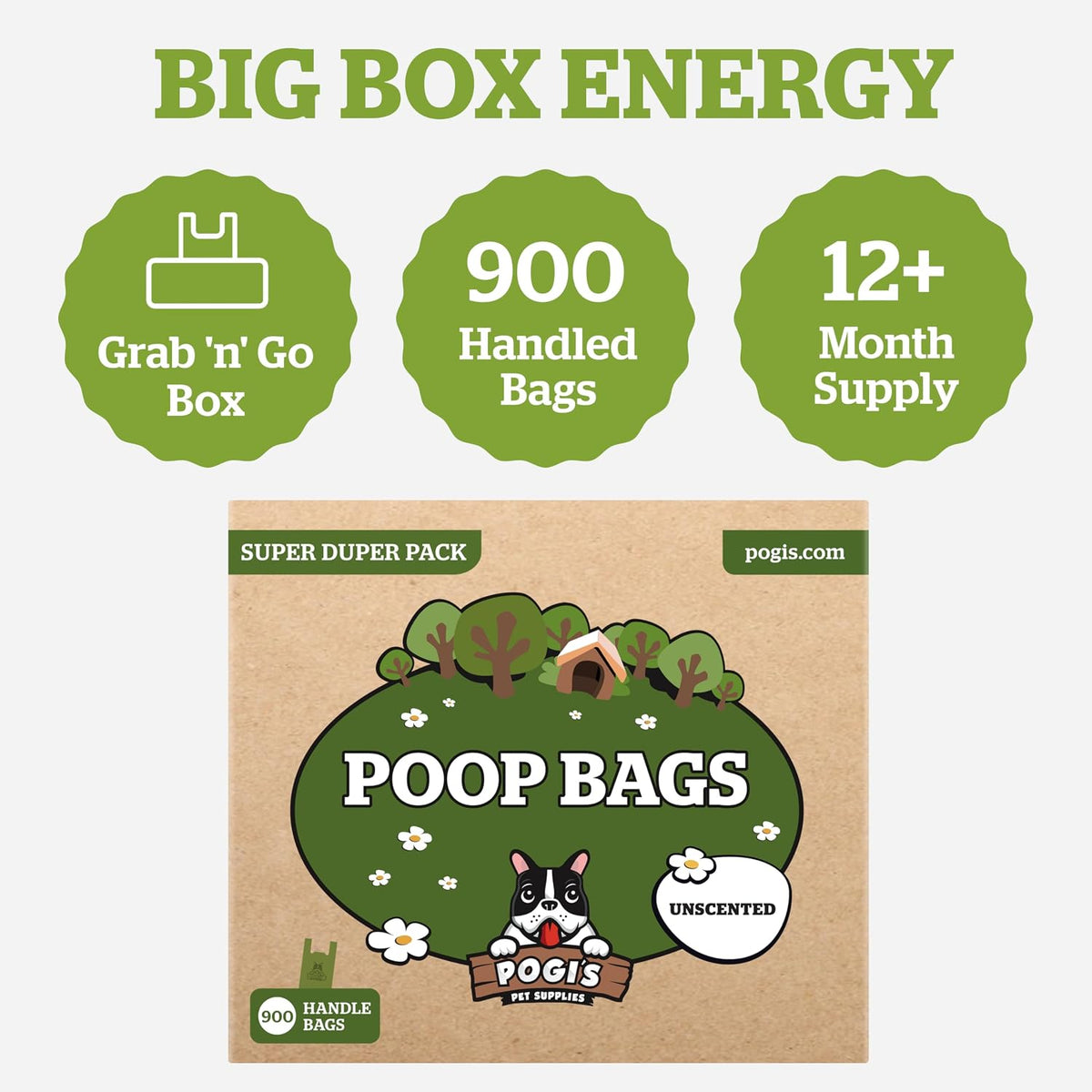 Pogi'S Large Dog Poop Bags with Handles, Unscented, Extra Thick, 900 Bags