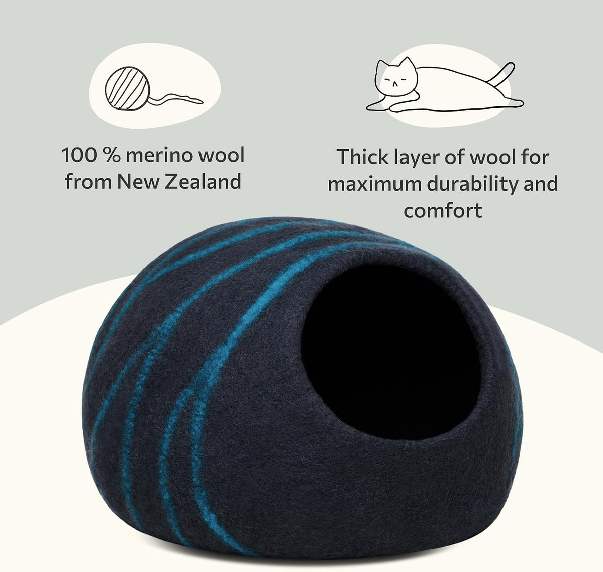 Cat Cave - Merino Wool Bed for Indoor Cats (Back Aqua, Large)