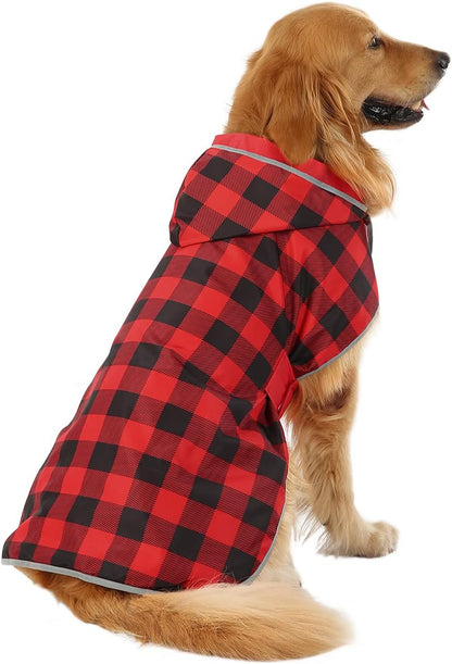 2-In-1 Reversible Dog Raincoat Hooded Poncho Rain Jacket Red Plaid L