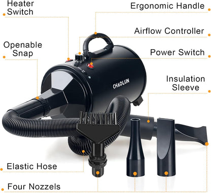 High Velocity Dog Grooming Dryer, Pet Blow Dryer with Heater, Black
