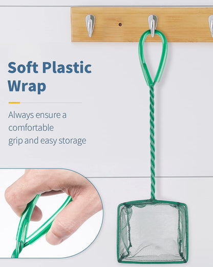 Aquarium Fish Net with Braided Metal Handle Square Net with Soft Fine Mesh Sludge Food Residue Wastes Skimming Cleaning Net for Fish Tanks Small Koi Ponds and Pools