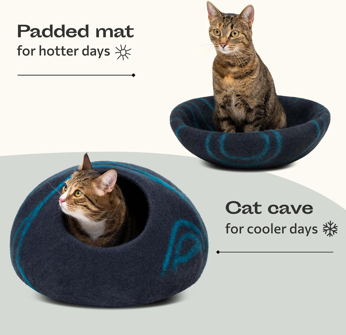 Cat Cave - Merino Wool Bed for Indoor Cats (Back Aqua, Large)
