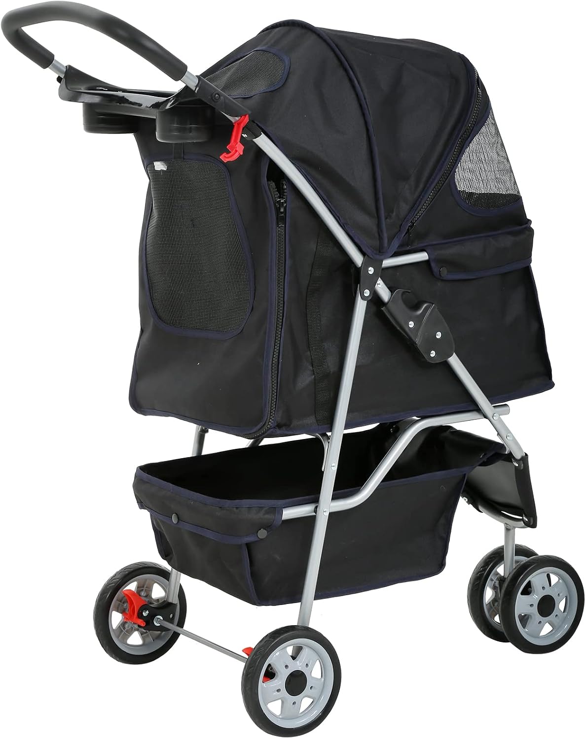 3-Wheel Pet Stroller, Lightweight Foldable Dog Stroller for Small Medium Dogs & Cats, Breathable Mesh & Weather Cover with Storage Basket, for Daily Walk Outdoor Travel (Black)