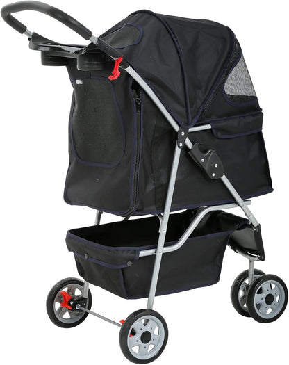 3-Wheel Pet Stroller, Lightweight Foldable Dog Stroller for Small Medium Dogs & Cats, Breathable Mesh & Weather Cover with Storage Basket, for Daily Walk Outdoor Travel (Black)