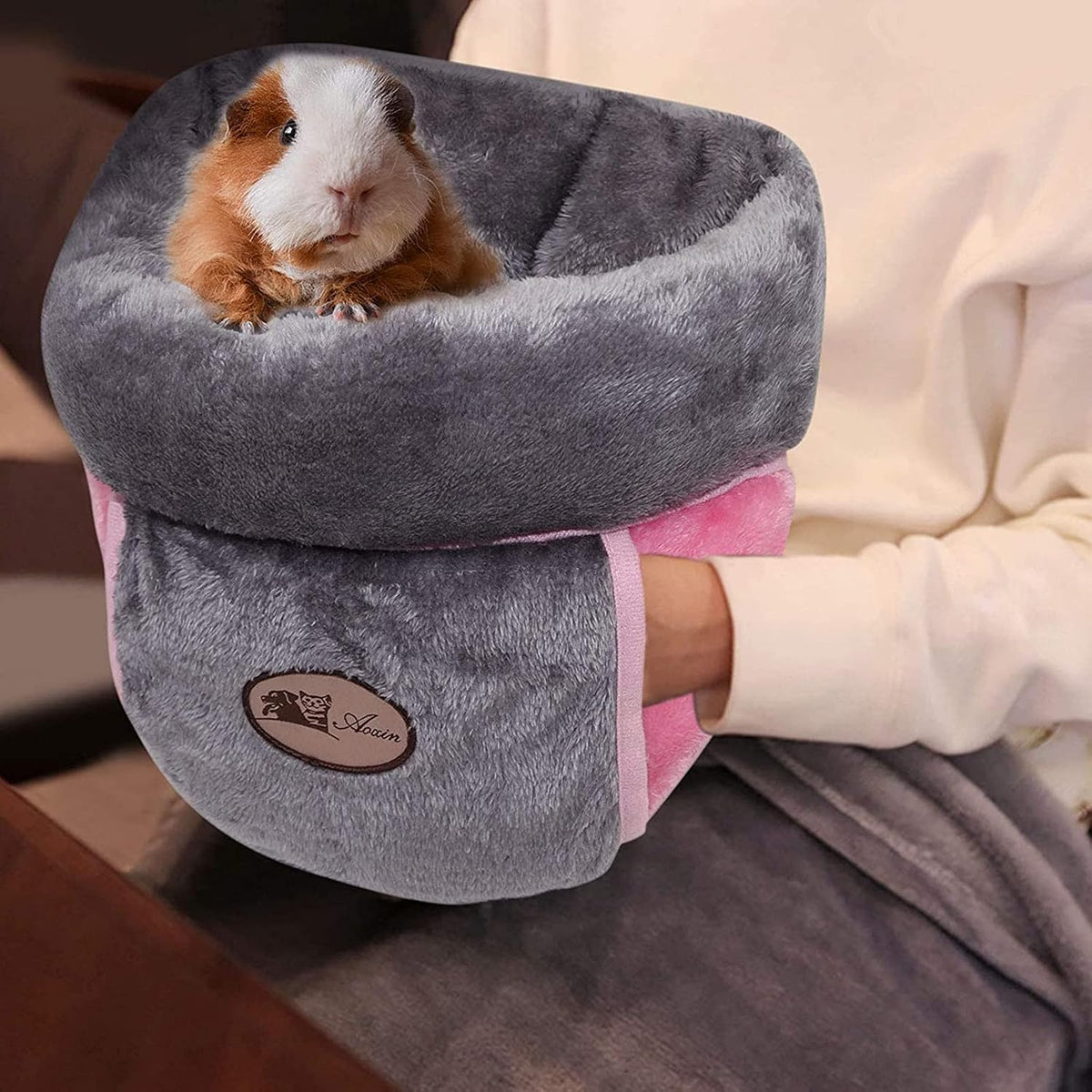 Guinea Pig Bed, Warm Fleece Slipper-Shaped Cuddle Cave, Grey