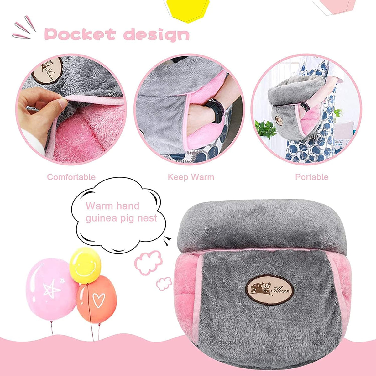 Guinea Pig Bed, Warm Fleece Slipper-Shaped Cuddle Cave, Grey