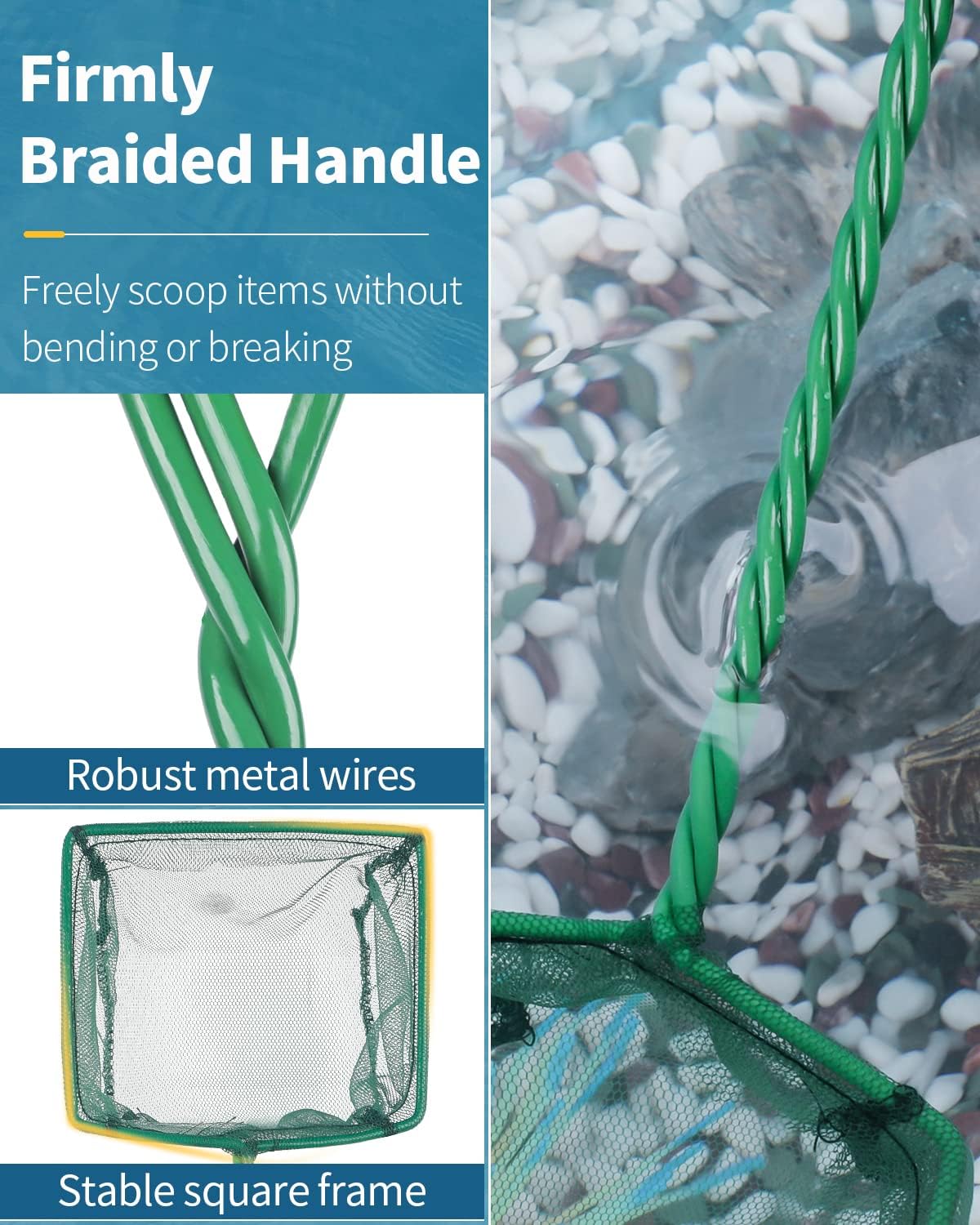 Aquarium Fish Net with Braided Metal Handle Square Net with Soft Fine Mesh Sludge Food Residue Wastes Skimming Cleaning Net for Fish Tanks Small Koi Ponds and Pools