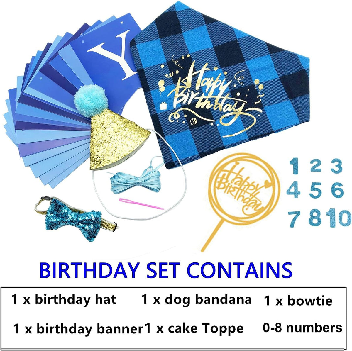 Boy Dog Birthday Bandana Hat Set, Blue, Small & Medium & Large