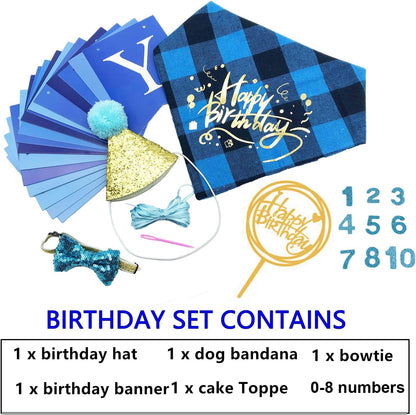 Boy Dog Birthday Bandana Hat Set, Blue, Small & Medium & Large