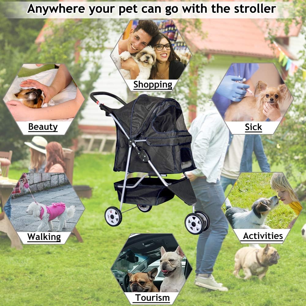 3-Wheel Pet Stroller, Lightweight Foldable Dog Stroller for Small Medium Dogs & Cats, Breathable Mesh & Weather Cover with Storage Basket, for Daily Walk Outdoor Travel (Black)