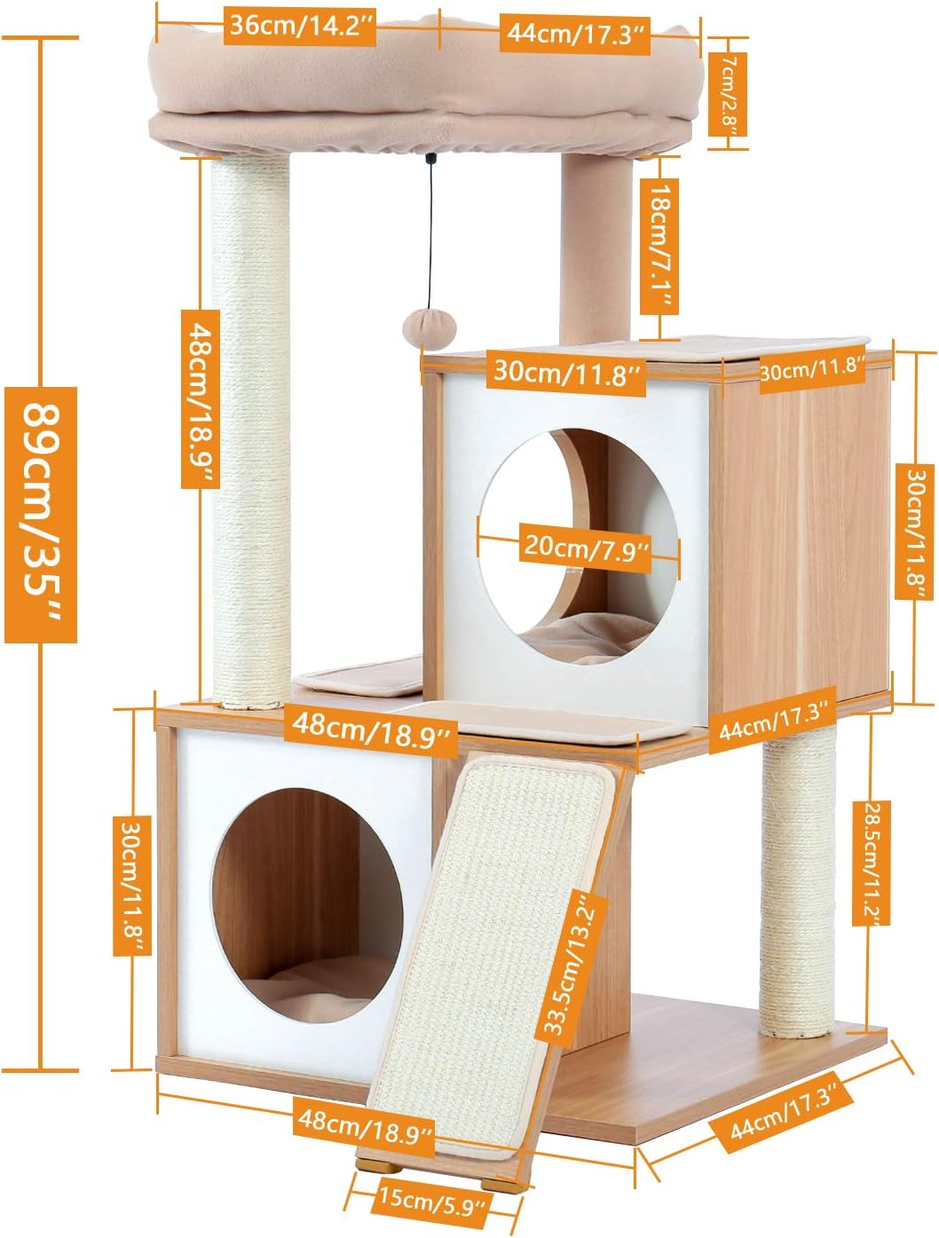 35" Modern Cat Tower Dual Condos, Wooden Cat Tree Large Cats