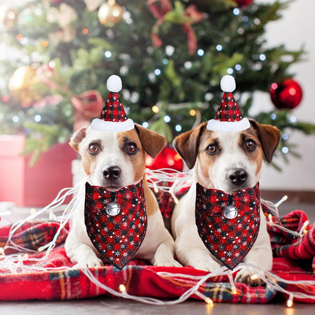 Christmas Snowflake Dog Bandana Costume, Christmas Classic Plaid Snowflake Dog Bandana Scarf Hat Bow Tie with Bell Costume Decoration for Dogs Pets