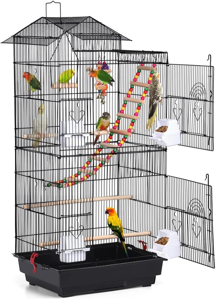39" Roof Top Flight Cage with Toys, Wrought Iron Bird Cage for Cockatiels, Conures, Lovebirds, Budgies & Small Birds
