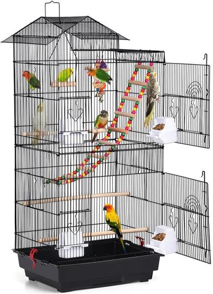 39" Roof Top Flight Cage with Toys, Wrought Iron Bird Cage for Cockatiels, Conures, Lovebirds, Budgies & Small Birds