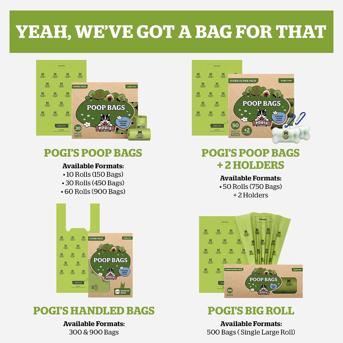 Pogi'S Large Dog Poop Bags with Handles, Unscented, Extra Thick, 900 Bags