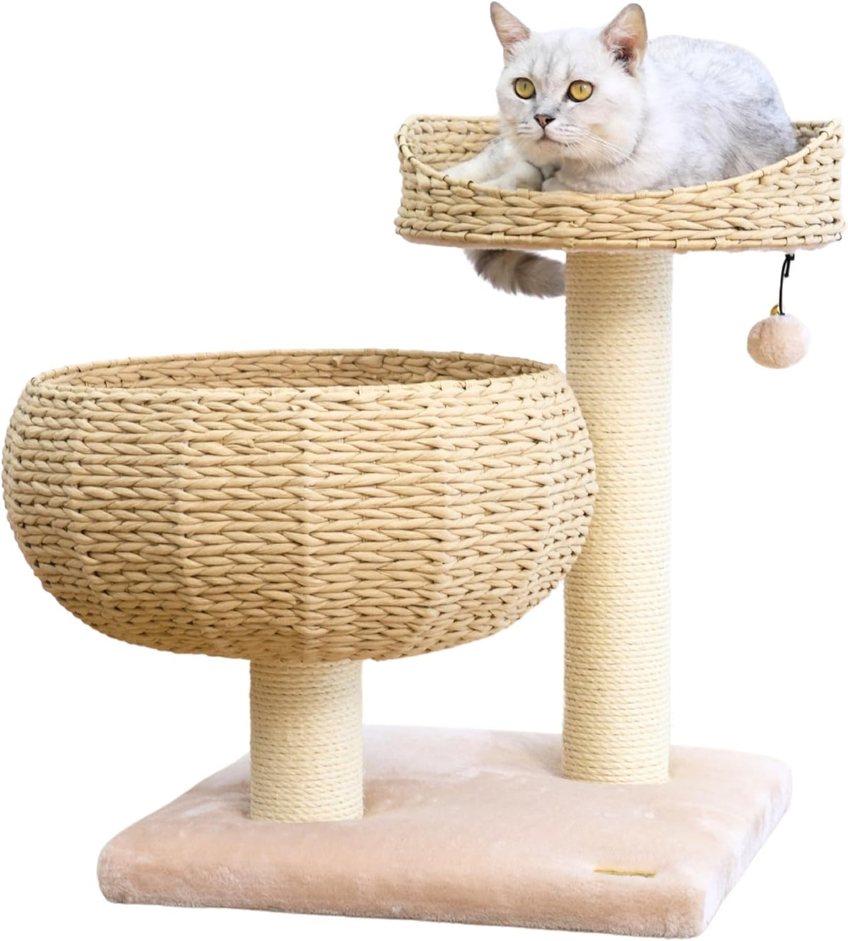 Modern Small Cat Tree with 2 Cat Beds, Handwoven Paper Rope Basket, Elevated Perch, Sisal Scratching Posts and Removable Washable Cushions, Beige