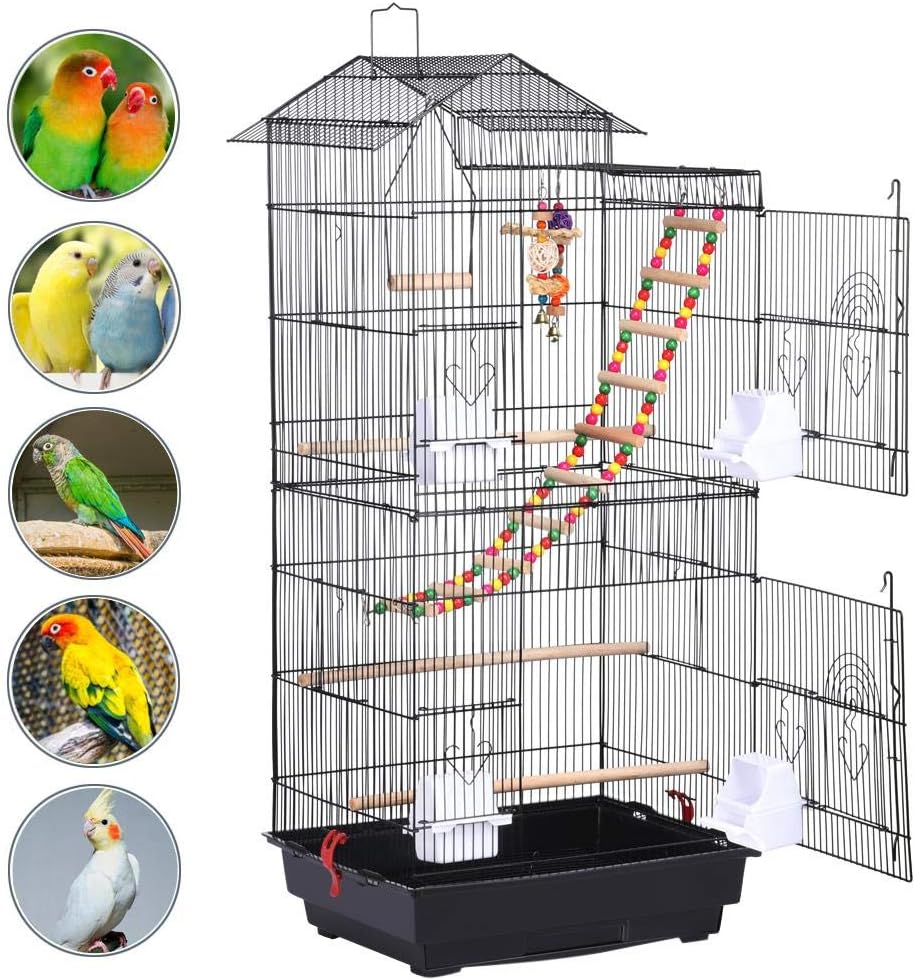 39" Roof Top Flight Cage with Toys, Wrought Iron Bird Cage for Cockatiels, Conures, Lovebirds, Budgies & Small Birds