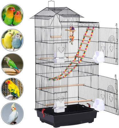 39" Roof Top Flight Cage with Toys, Wrought Iron Bird Cage for Cockatiels, Conures, Lovebirds, Budgies & Small Birds
