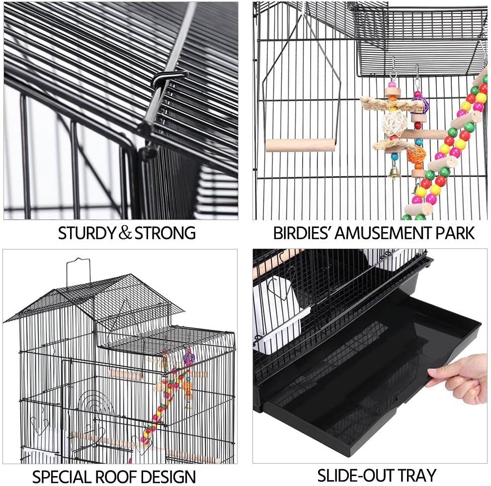 39" Roof Top Flight Cage with Toys, Wrought Iron Bird Cage for Cockatiels, Conures, Lovebirds, Budgies & Small Birds
