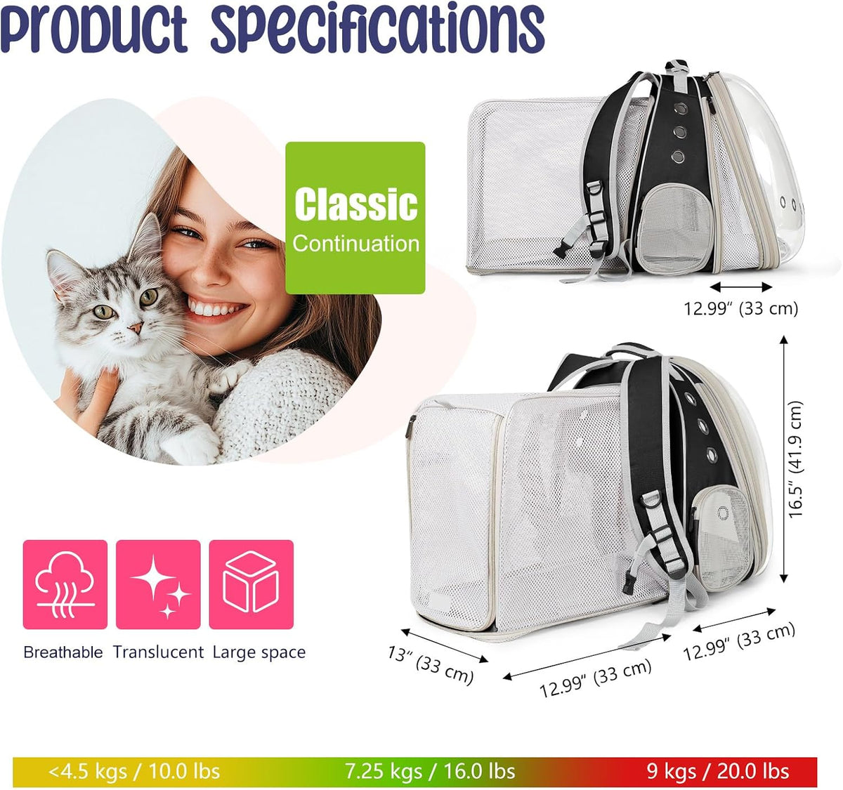 Dual Extension Pet Backpack Carrier for Large Cat and Small Puppy