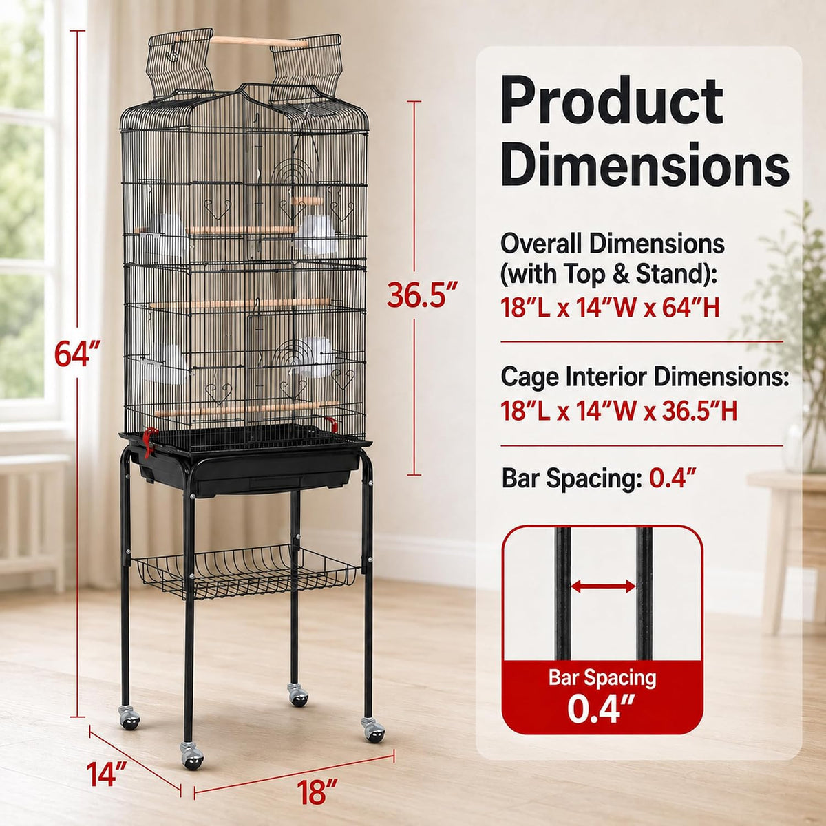 64-Inch Open Top Bird Cage for Parakeets & Cockatiels, Black