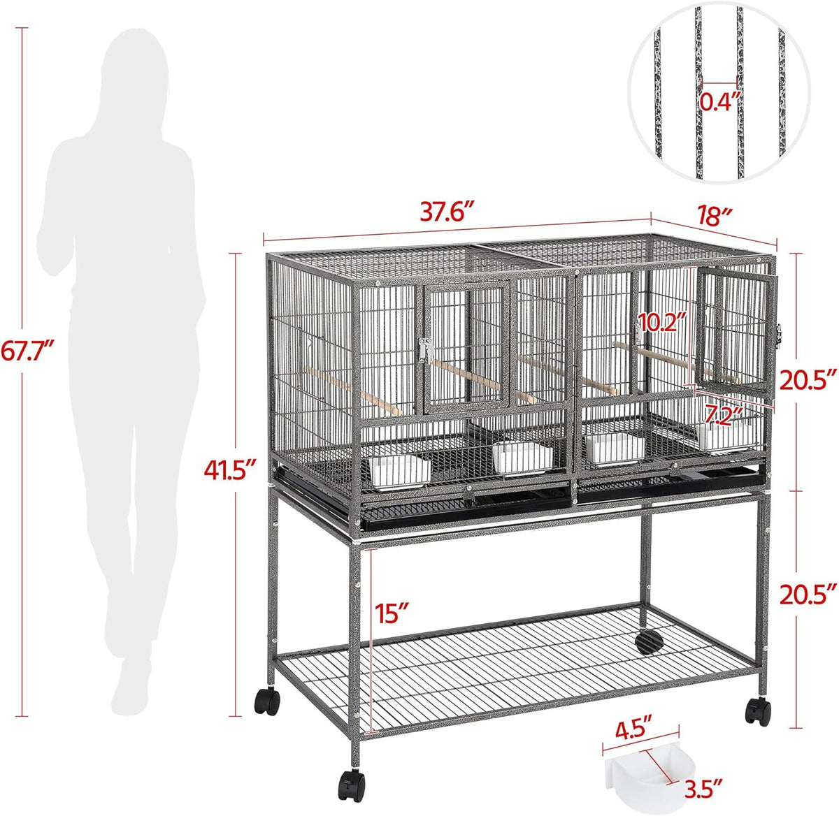 41.5" Stackable Divided Breeder Breeding Parakeet Bird Cage for Canaries Cockatiels Lovebirds Finches Budgies Small Parrots with Rolling Stand, Black