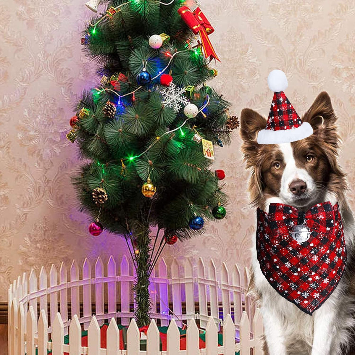Christmas Snowflake Dog Bandana Costume, Christmas Classic Plaid Snowflake Dog Bandana Scarf Hat Bow Tie with Bell Costume Decoration for Dogs Pets