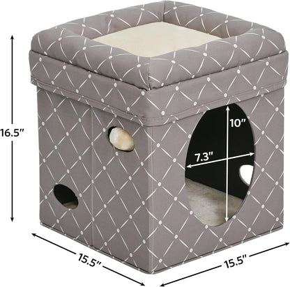 Feline Nuvo Curious Cat Cube, Foldable Cat Hideout with Toy, Bolstered Bed Top, Mushroom Diamond, Faux Fur