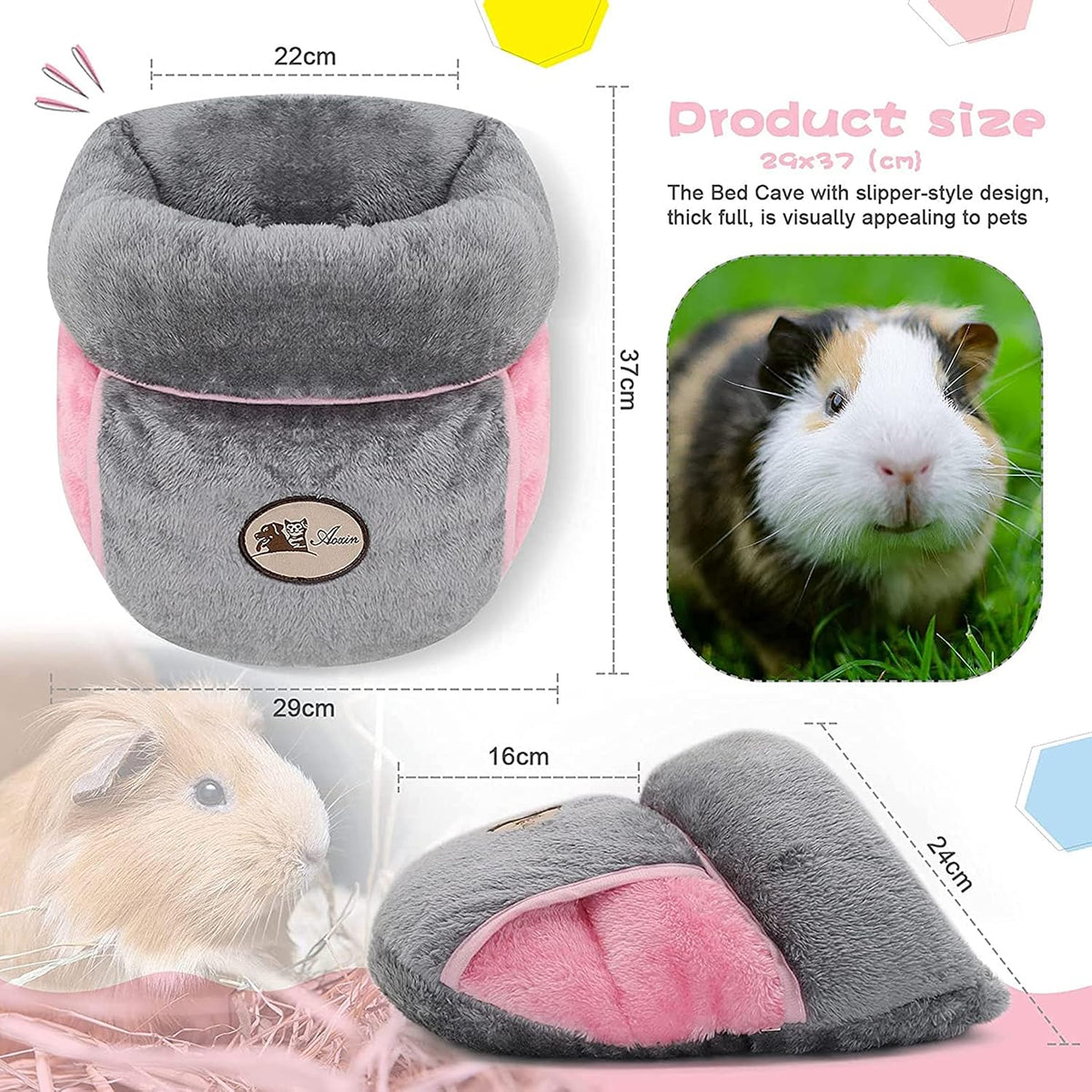 Guinea Pig Bed, Warm Fleece Slipper-Shaped Cuddle Cave, Grey