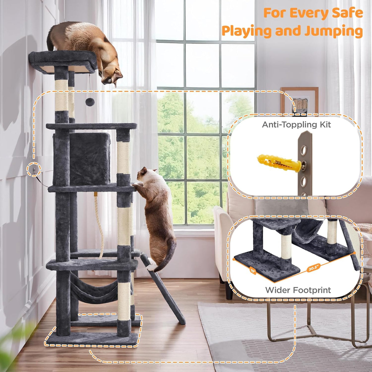 63In Sturdy Large Cat Tree for Indoor Heavy Cats, Tall Tower